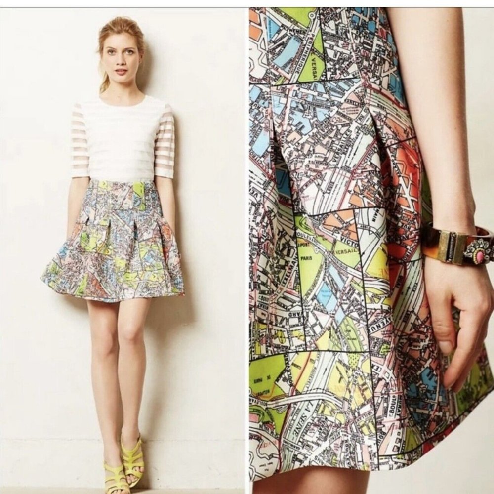ANTHROPOLOGIE Maeve Carte Neoprene Map of Paris Pleated Skirt.  SZ 6